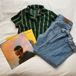 Green button-up with black, white, yellow stripes